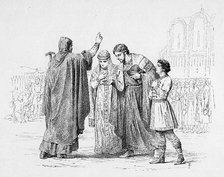 Великий князь Иоанн II Иоаннович с женой и юным Димитрием испрашивают благословения у митрополита Алексия