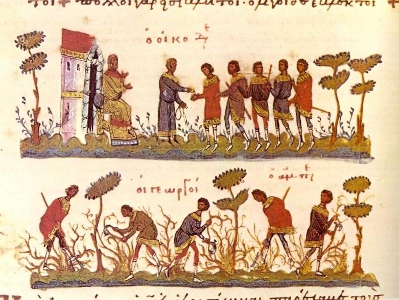 Работники в виногдаднике. Иллюстрация из византийского Евангелия 11 века