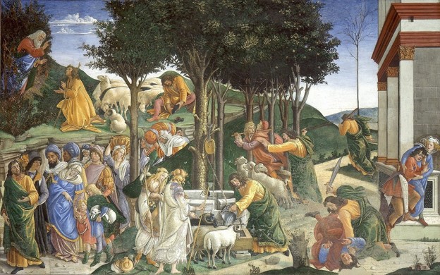 Сандро Боттичелли. Фреска «Призвание и испытания Моисея» (1482 г.)