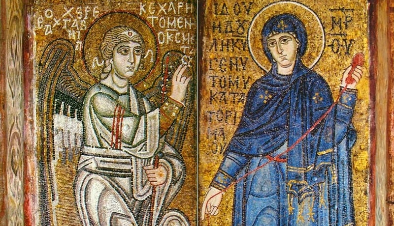 «Благовещение» (ок. 1040). Мозаики на двух столбах Софии Киевской