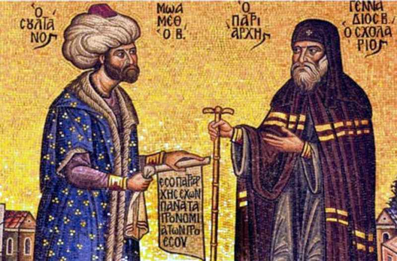 Патриарх Геннадий и султан Мехмед II. Современная мозаика