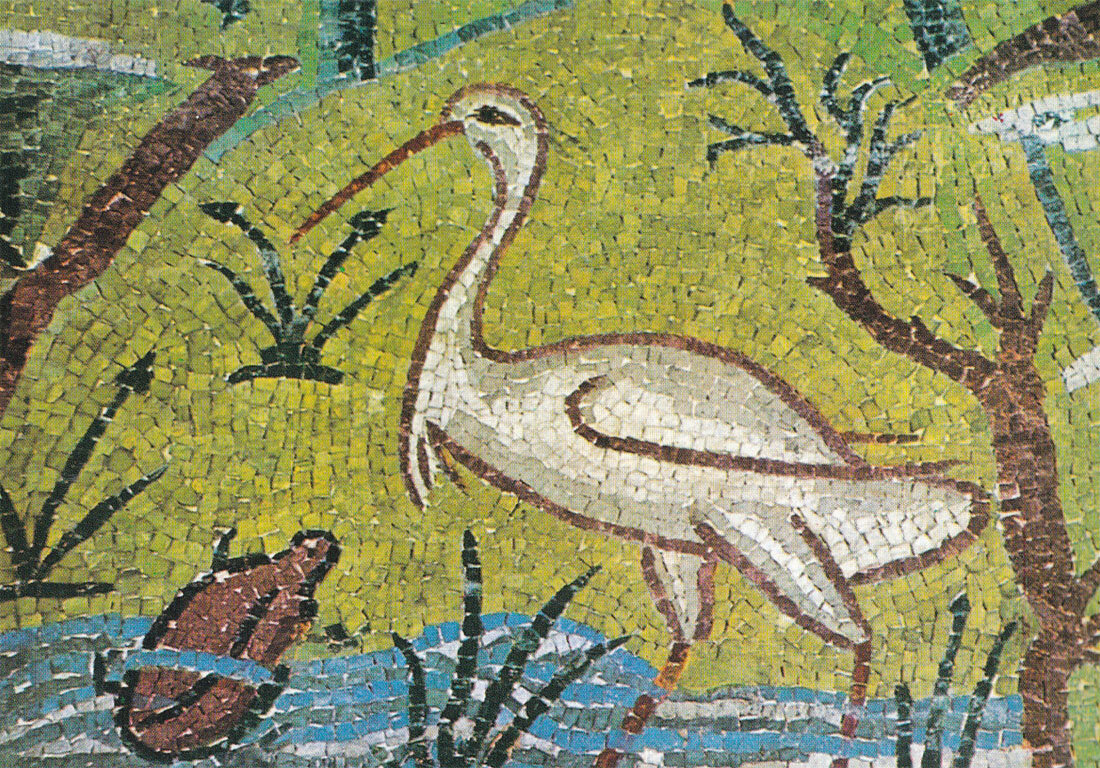 «Цапля и черепаха». Мозаика из базилики св. Виталия, Ровена, Италия