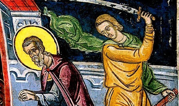 Мученичество Святого Фоки Вертоградаря, Синопского. Фреска монастыря Дионисиат на Святой Горе Афон