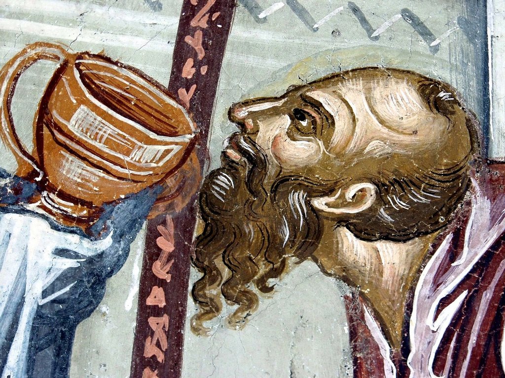 Евхаристия (Причащение Апостолов). Фреска Великой Лавры Святого Афанасия на Афоне, 1535 г.