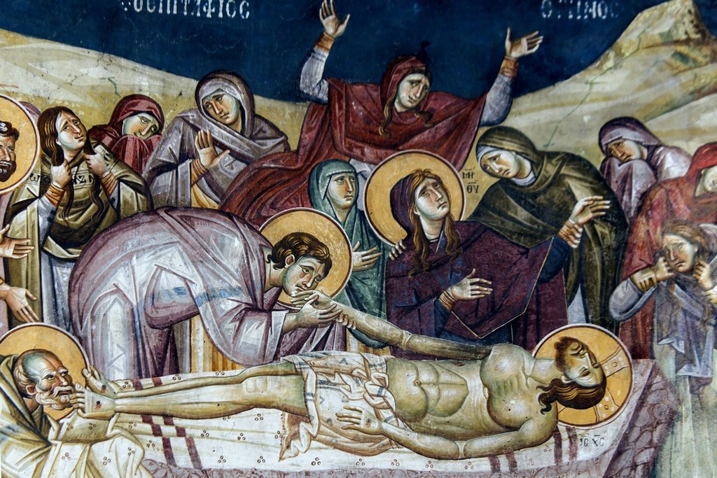 Оплакивание Христа (Положение во гроб). Фреска церкви Богородицы Перивлепты в Охриде, Македония