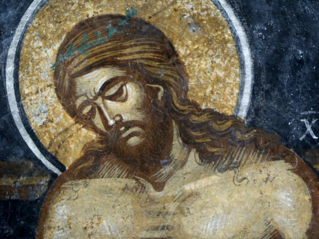 Христос во гробе. Фреска монастыря Бистрица, Румыния. Около 1495 года. Фрагмент