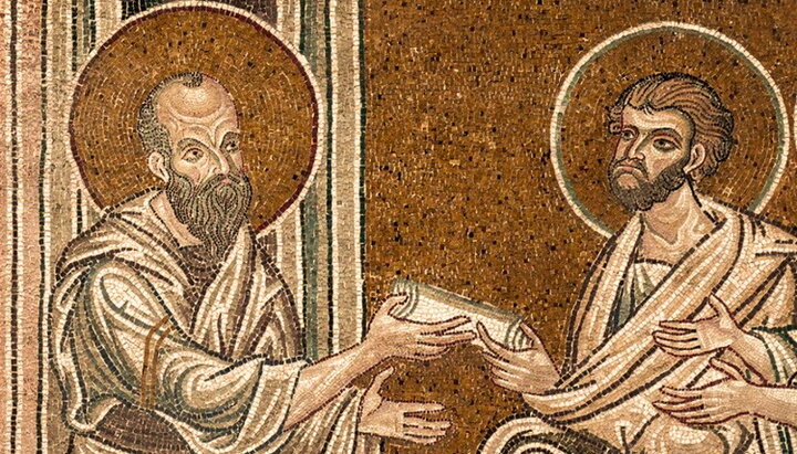 Апостол Павел передает послание апостолу Тимофею. Мозаика кафедрального собора в Монреале, 13 век