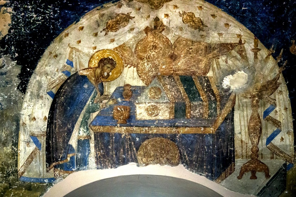 Святой Пророк Моисей Боговидец у Ковчега Завета, фрагмент фрески в церкви Святых Апостолов (Двенадцати Апостолов) в Салониках, Греция, 14 в.