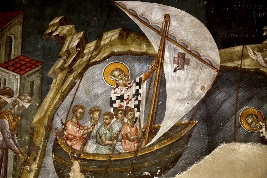 Святитель Николай, Архиепископ Мир Ликийских, Чудотворец спасает корабль. Фреска церкви Святого Николая Орфаноса в Салониках, Греция. 1310 - 1315 годы