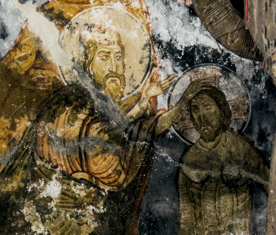Крещение Господне. Фреска церкви Святых Кирика и Иулитты (Лагурка) в Хе, Сванетия, Грузия. Начало XII века
