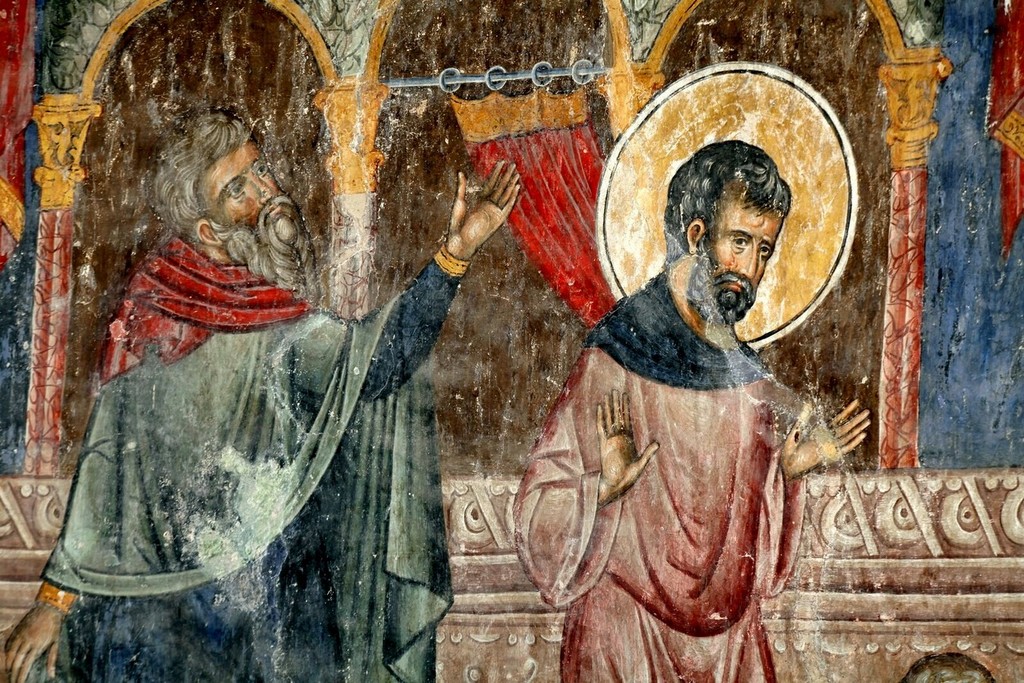 Неделя о мытаре и фарисее. Фреска церкви Святой Троицы в монастыре Манасия (Ресава), Сербия. До 1418 года. Фрагмент