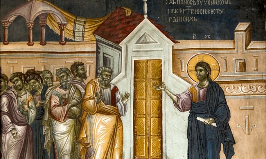 Явление Христа одиннадцати ученикам в первый день по Воскресении. Фреска монастыря Грачаница, Косово и Метохия, Сербия. Около 1320 года