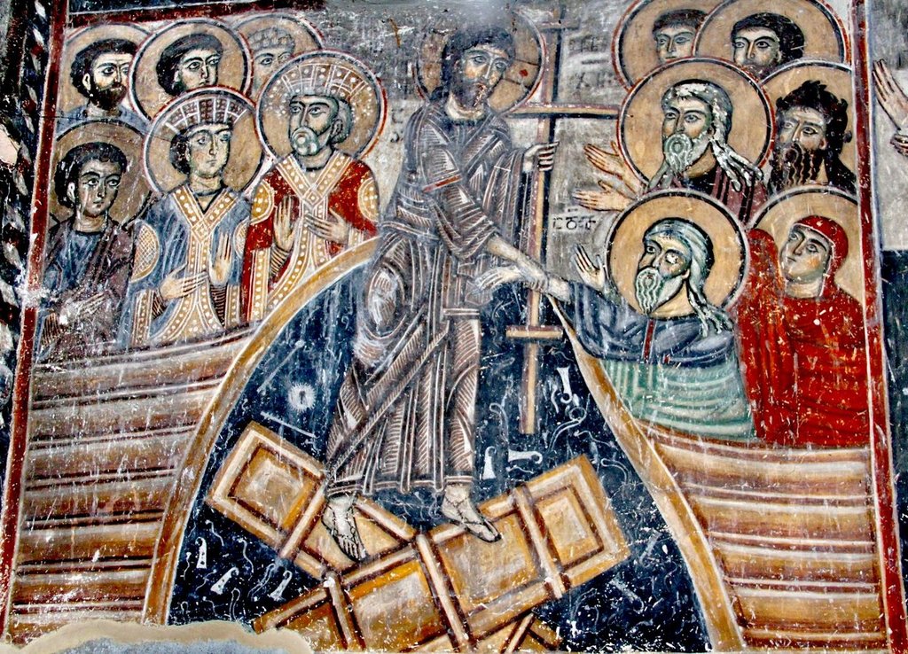 Воскресение Христово. Фреска церкви Архангела Гавриила в селе Лашдхвери, Сванетия, Грузия. XII век