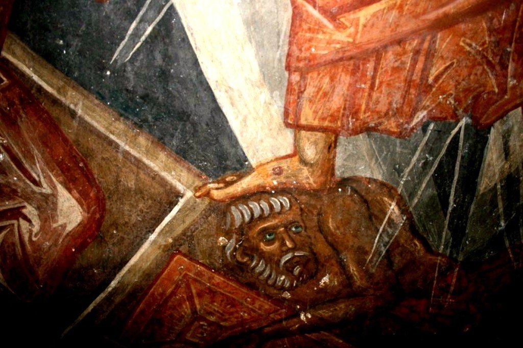 Сошествие во ад. Фреска монастыря Зарзма, Грузия. Середина XIV века. Фрагмент. Христос попирает побеждённого диавола