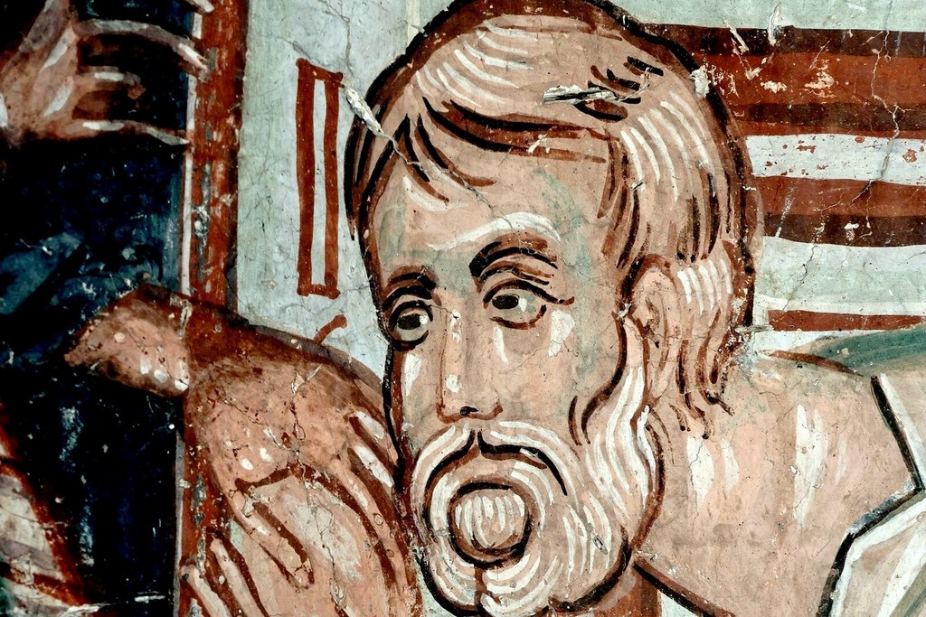 Евхаристия (Причащение Апостолов). Фреска монастыря Нова Павлица, Сербия. До 1389 года. Фрагмент