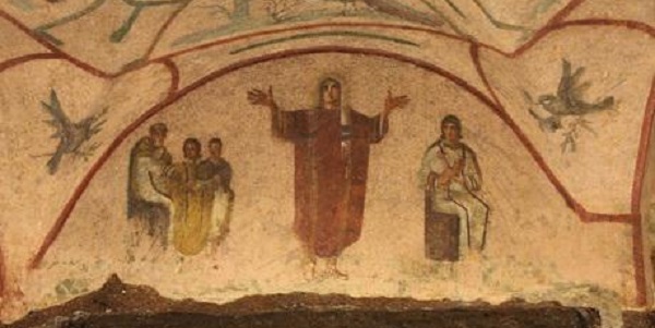 Богоматерь Оранта. Катакомбы Присциллы, Рим. Фреска. Около 200–400 н. э.