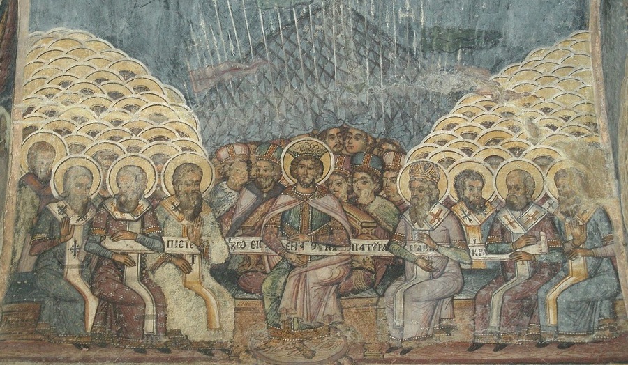 Первый Никейский собор. Фреска, XVIII век. Бухарестский Ставропольский монастырь, Румыния